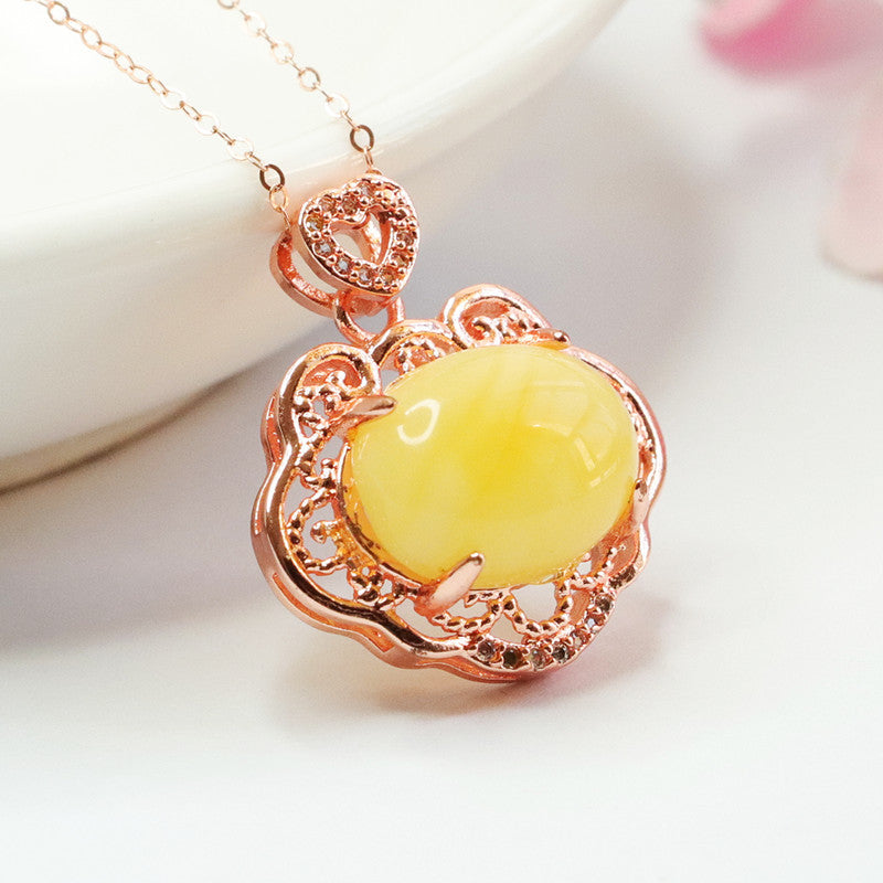 Ruyi Rose Gold Necklace with Sterling Silver Beeswax Amber Pendant