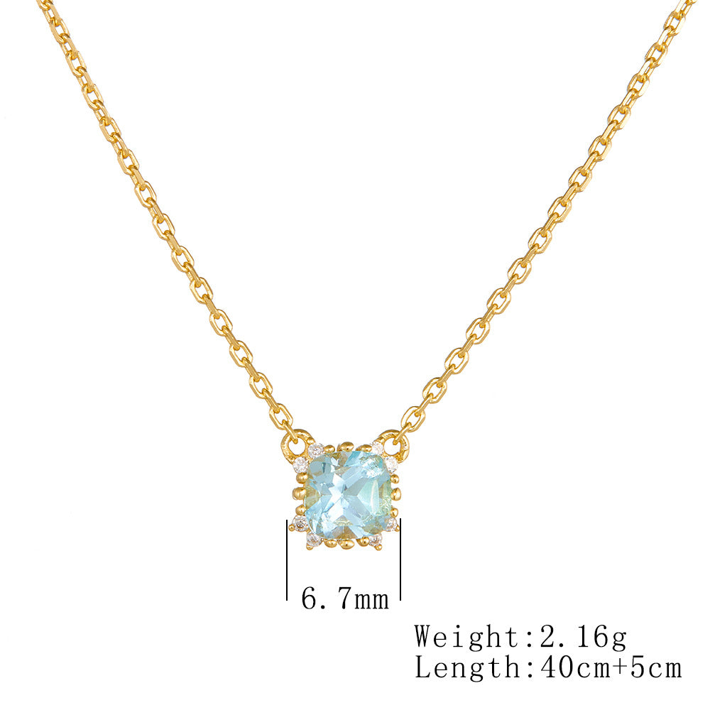 925 Sterling Silver Geometric Round Natural Topaz Pendant Necklace Elegant Necklace