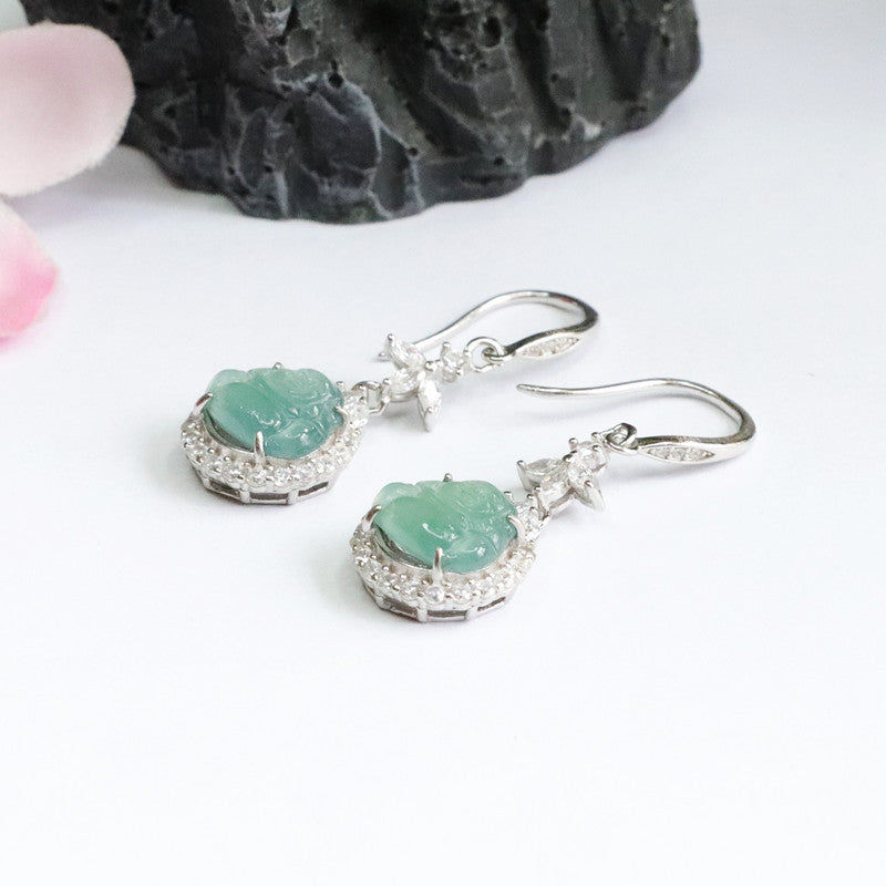S925 Silver Earrings with Natural Ice Blue Green Jade Buddha Design