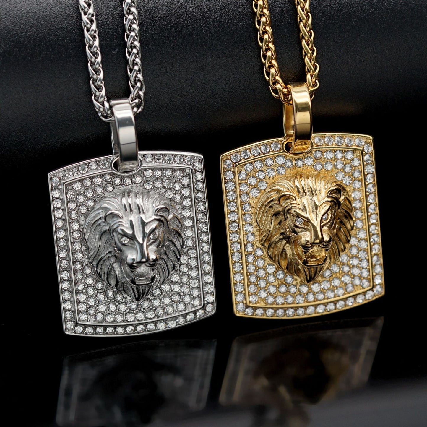 Planderful Lion Head Pendant Necklace Titanium Steel Gold Plated Zircon Unisex Hip Hop Jewelry