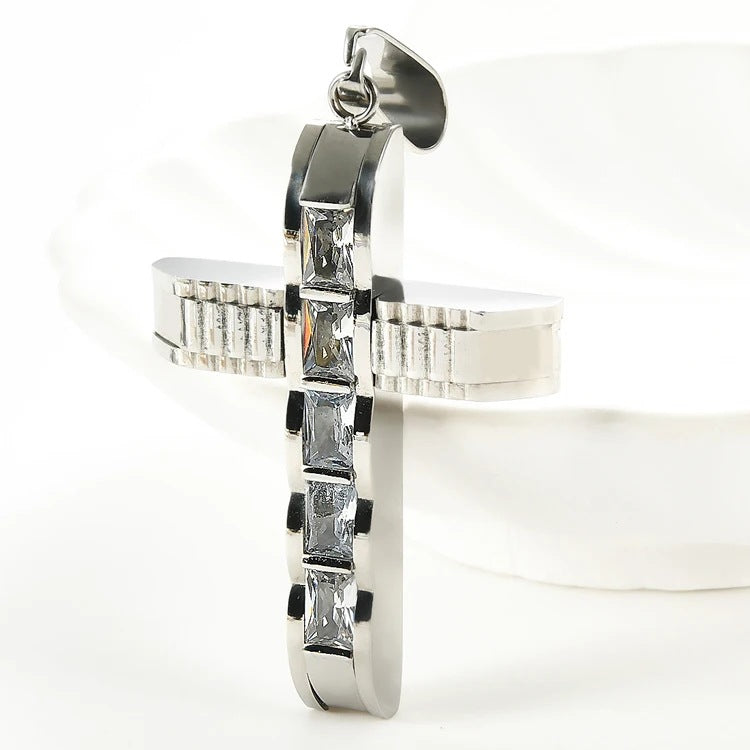 1. Planderful Everyday Genie Mens Cross Pendant Necklace In Stainless Steel With Zircon Inlay