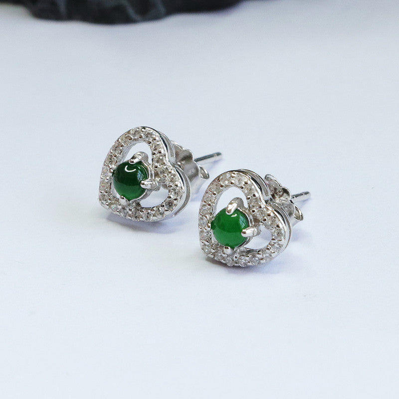 Icy Green Jadeite Heart 925 Silver Stud Earrings