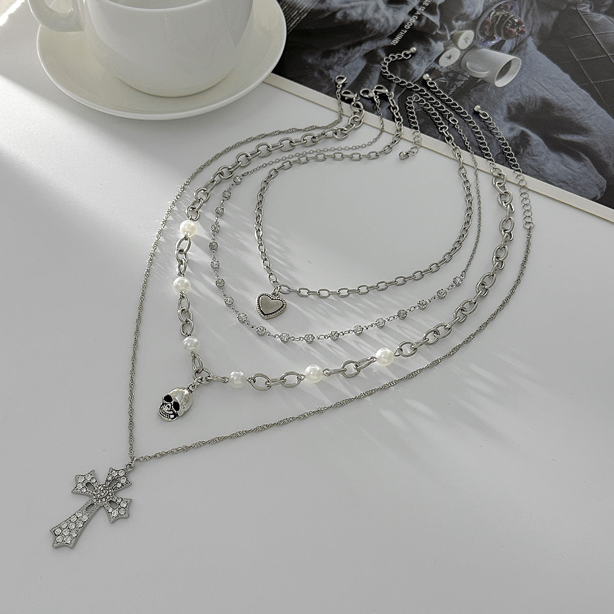 Crystal-Style Cross & Pearl Layered Necklace