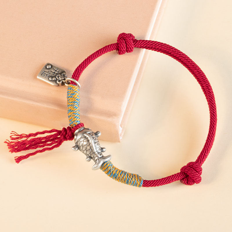 S999 Sterling Silver Koi Fish Red Rope Bracelet - Symbol of Luck and Prosperity