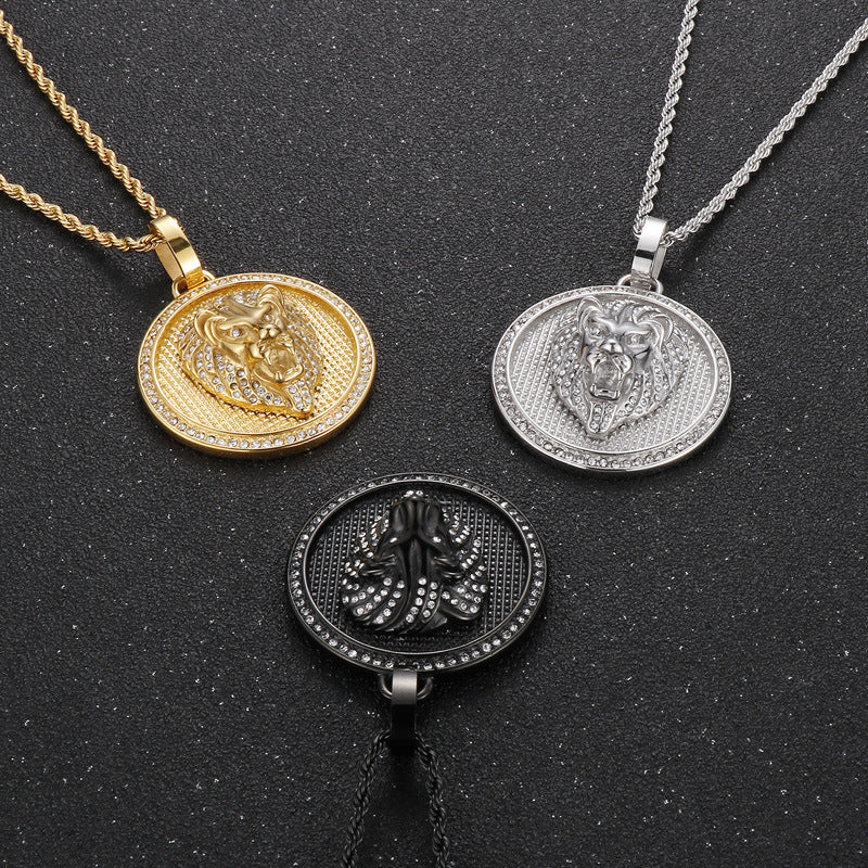 Rock Hip Hop Round Pendant, Retro Electroplated 18k Gold Slightly Inlaid Zircon Lion Necklace