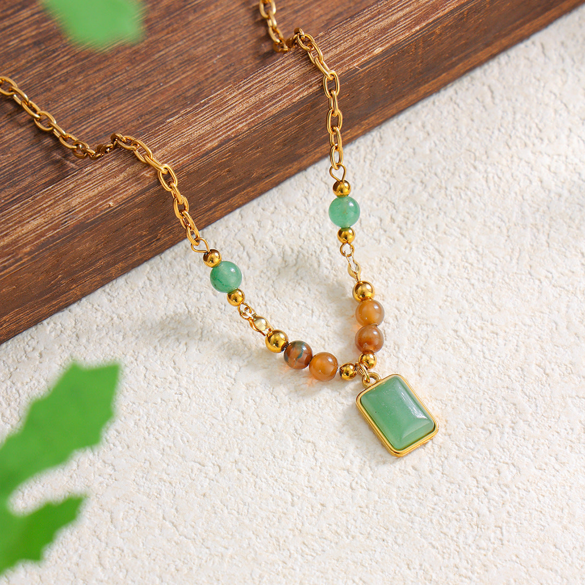 Vacation Gravel Pendant Beaded Collarbone Chain Retro Colored Gemstone Stainless Steel Neck Necklace