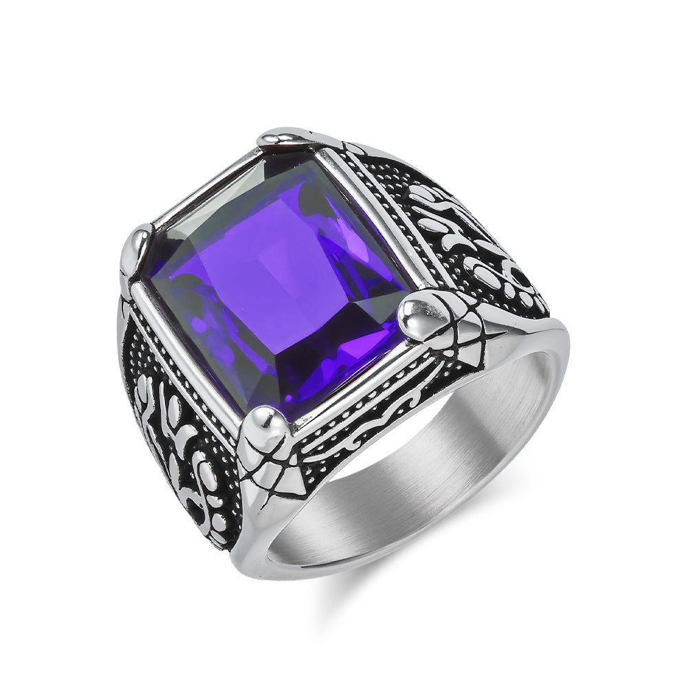 Planderful Men's Titanium Steel Ring With Glass Gem Inlay, European Retro Tulip Design, Bold Fashion Jewelry