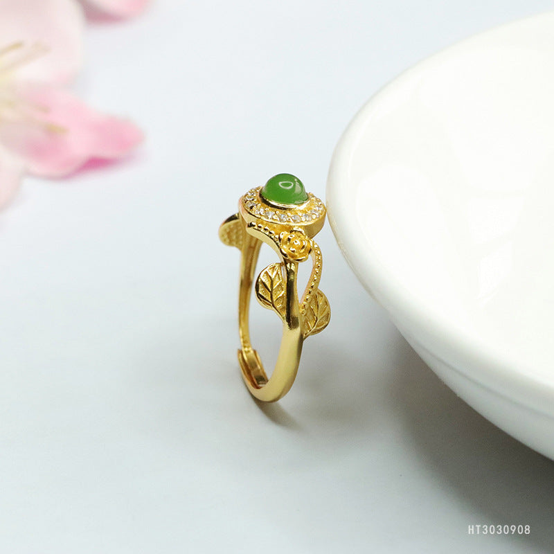 925 Sterling Silver Hetian Jasper Floral Leaf Ring