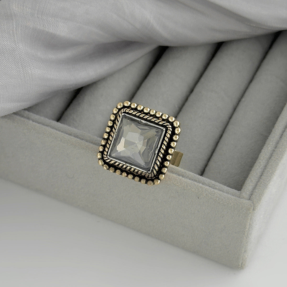Planderful Vienna Verve Vintage Geometric Inlaid Zircon Open Ring Handcrafted Statement Jewelry For Women
