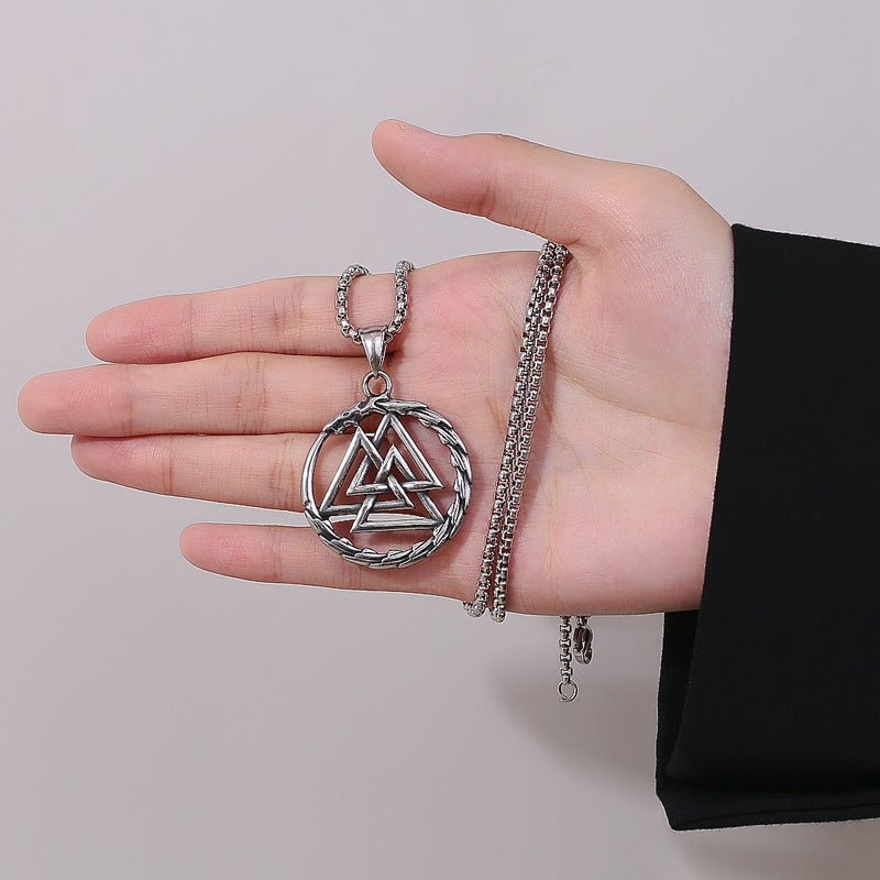 Steel Necklace – Vintage Ouroboros Triangle Rune Pendant For Men Stainless Steel Jewelry