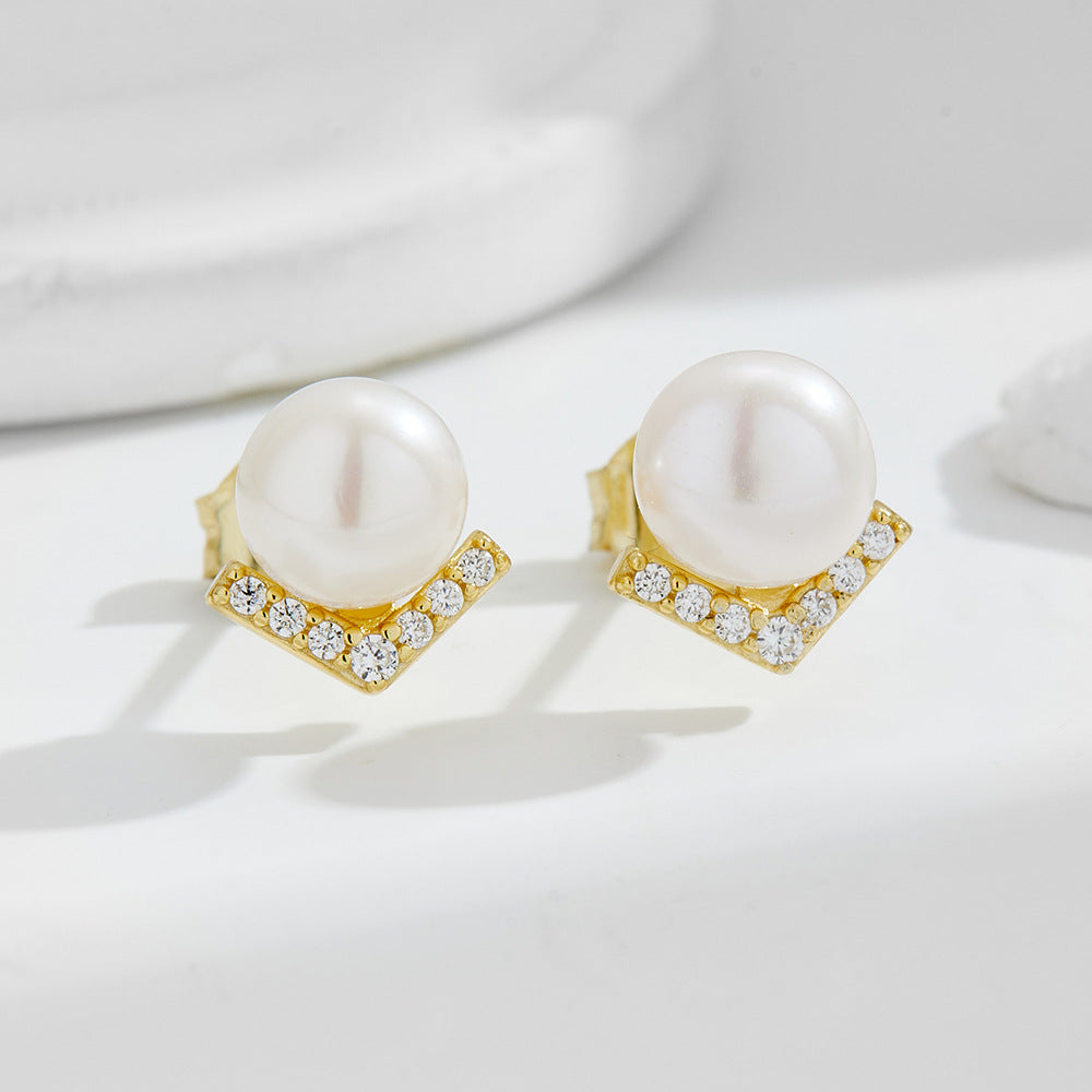 S925 Sterling Silver V-Shaped Zircon Inlaid Natural Pearl Stud Earrings French Retro Romantic