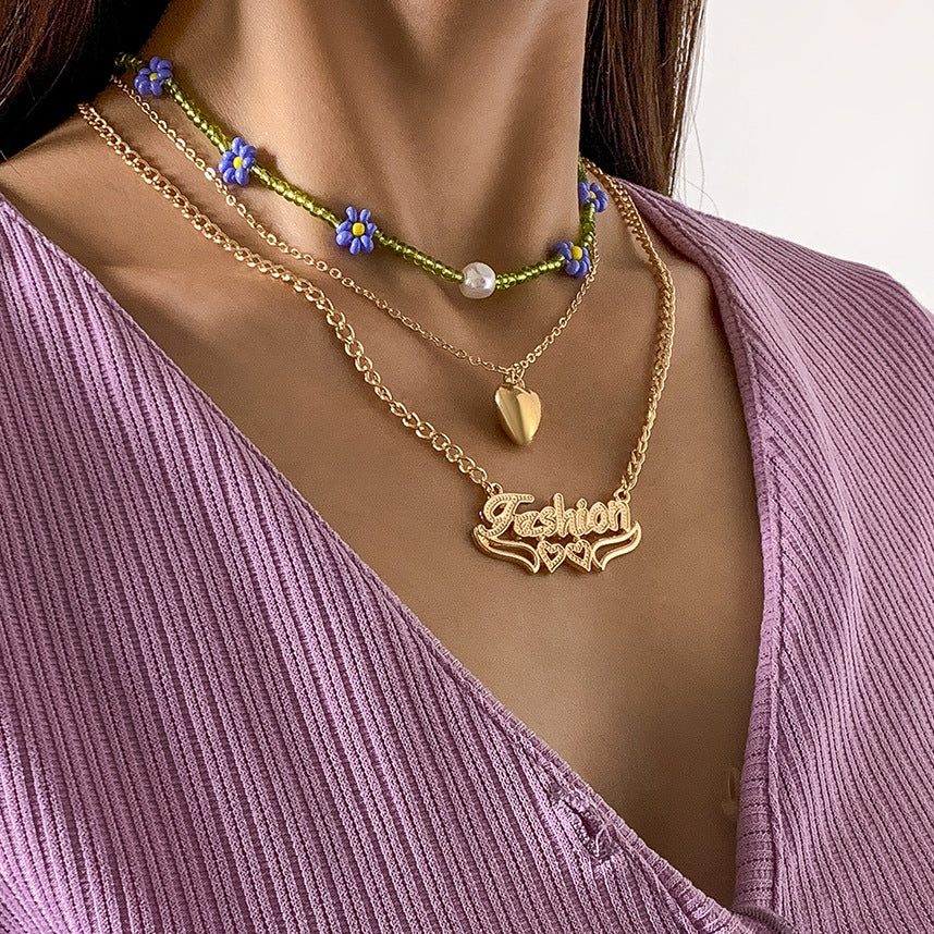 Planderful Vienna Verve Layered Letter Daisy Necklace With Imitation Pearls For Women Elegant Statement