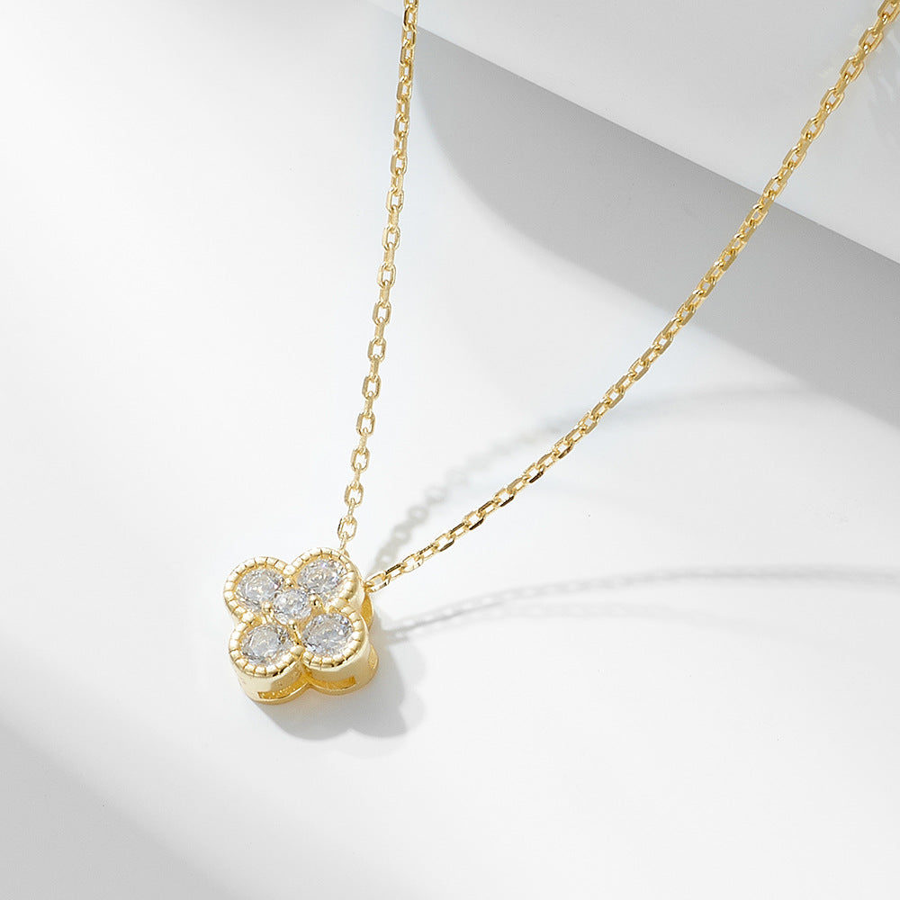 S925 Sterling Silver Four-Leaf Clover Zircon Necklace Women’s European and American Light Luxury Simple Versatile Chain