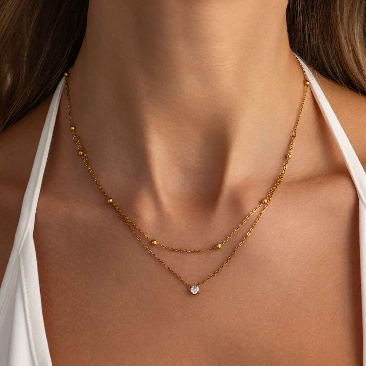 Round Bead Double-Layer Stainless Steel Necklace