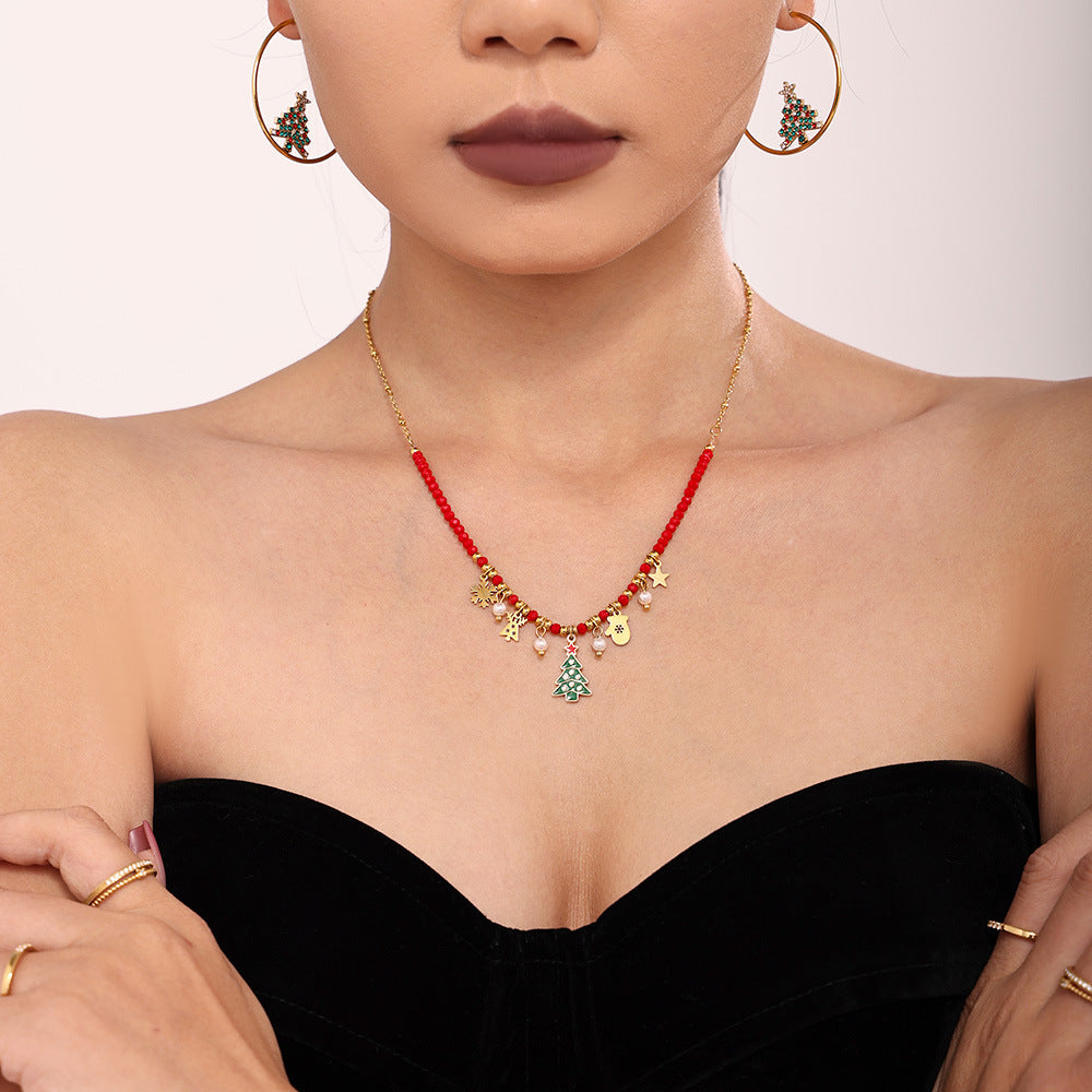 Planderful Enamel Christmas Tree Zircon Necklace For Women