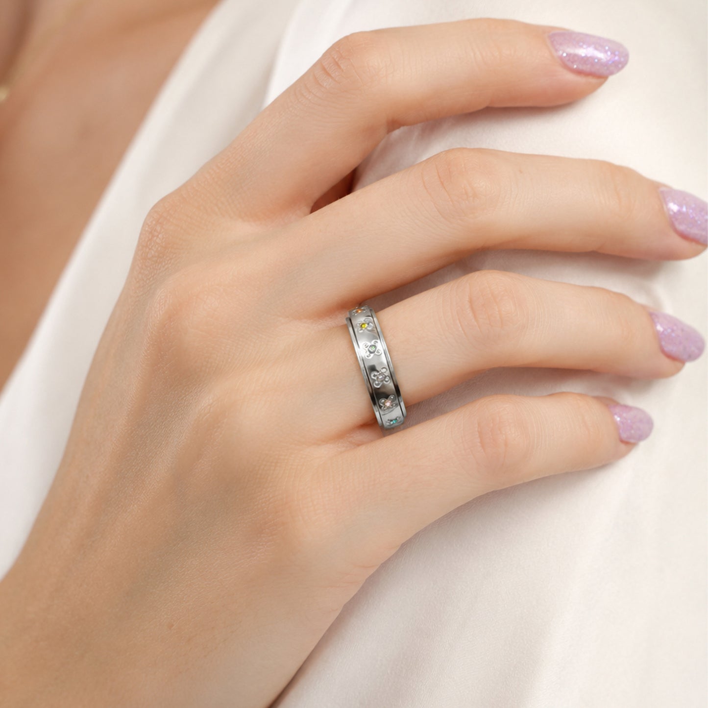 Planderful Rotatable Decompression Ring Stainless Steel Zircon Flower For Couples Unisex