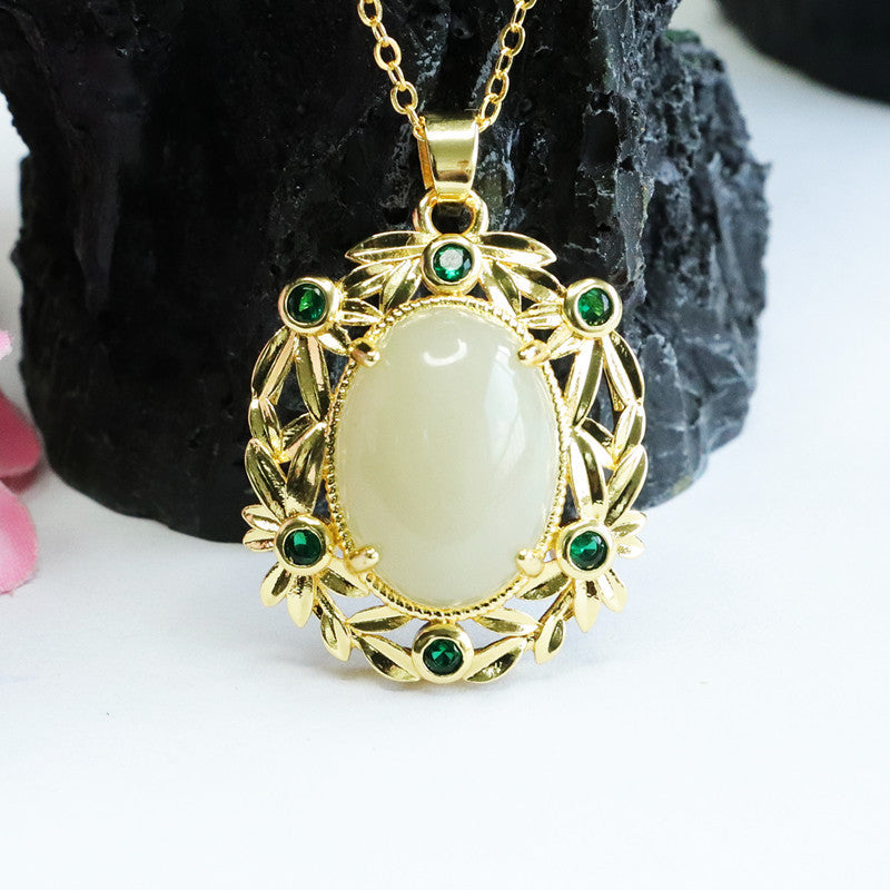 Green Zircon Bamboo Leaf Oval Hotan Jade Pendant Jewelry
