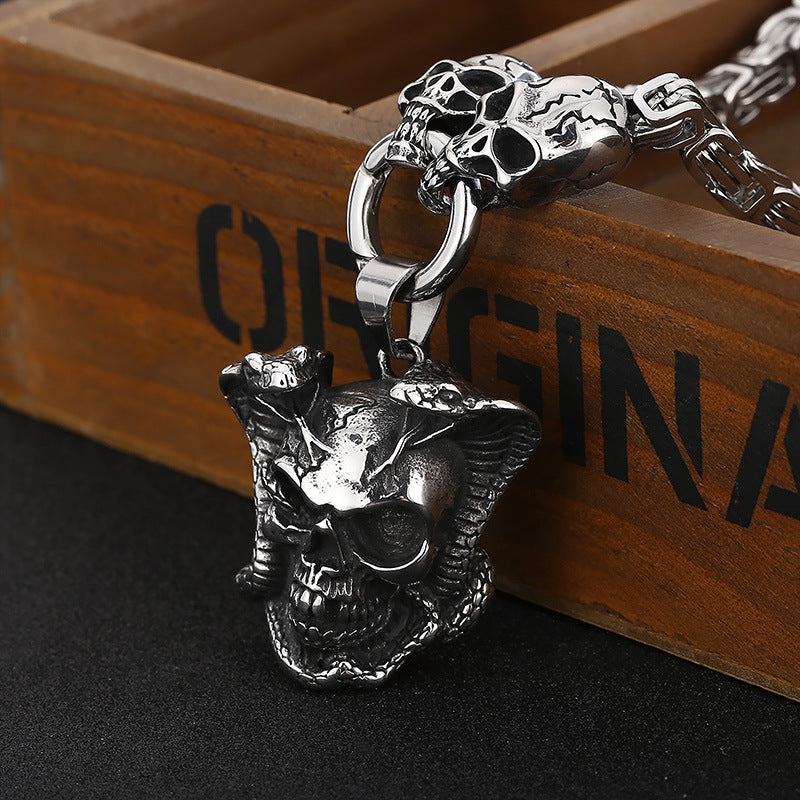 Retro Punk Ghost Head Pendant Necklace - Dark Snake King Skull Men's Titanium Steel Chain