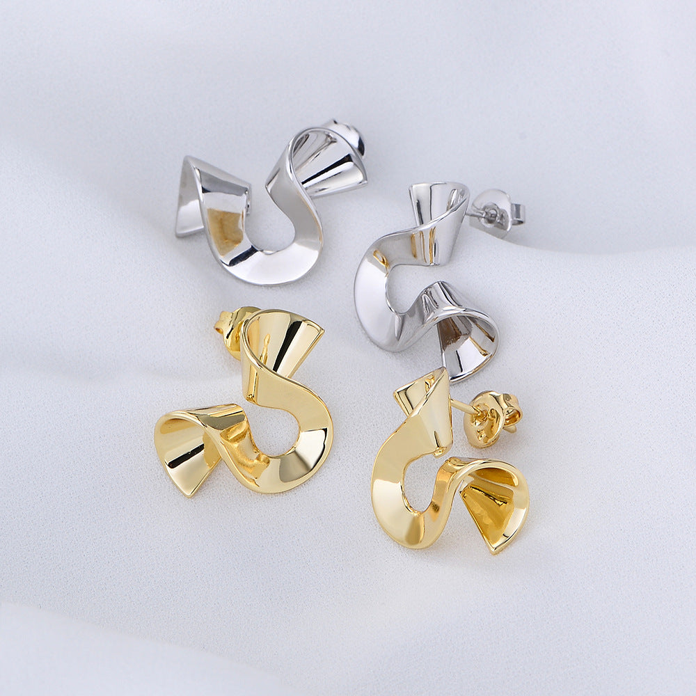 Copper Gold-Plated Accessories Spiral Irregular Stud Earrings Personalized Retro Geometric Twisted Glossy Earrings