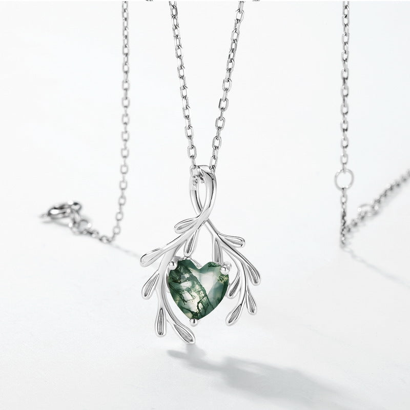 Planderful Everyday Genie Necklace – Elegant Heart-Shaped Aquatic Plant Agate Silver Pendant