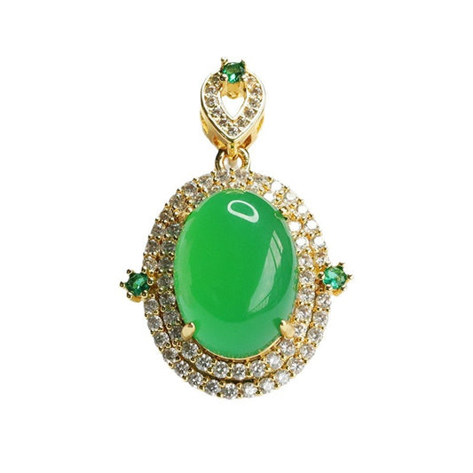 Double Halo Red Agate Zircon Golden Pendant with Oval Ice Chalcedony