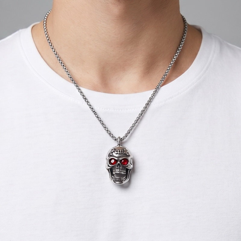 Punk Red Diamond Eye Skull Titanium Steel Pendant Halloween Vampire Head Men's Necklace