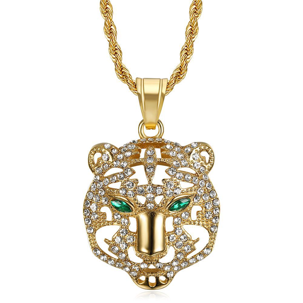 Planderful Premium Hip Hop Necklace Titanium Gold Plated Zircon Tiger Head Pendant For Hip Hop Fans