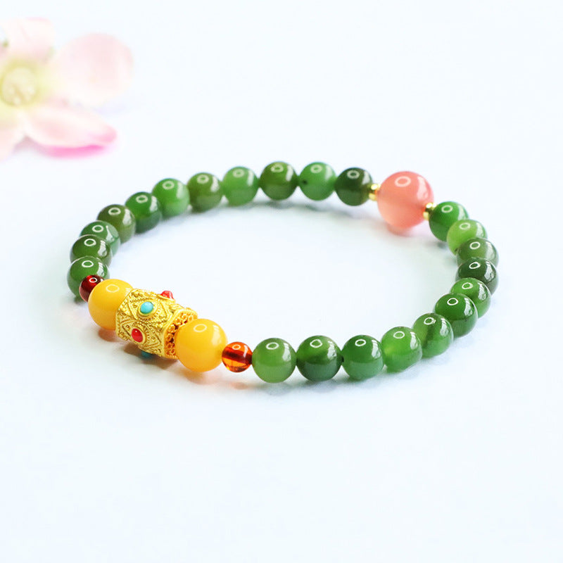 Hetian Jasper Beaded Bracelet with Gold-Tone Accents