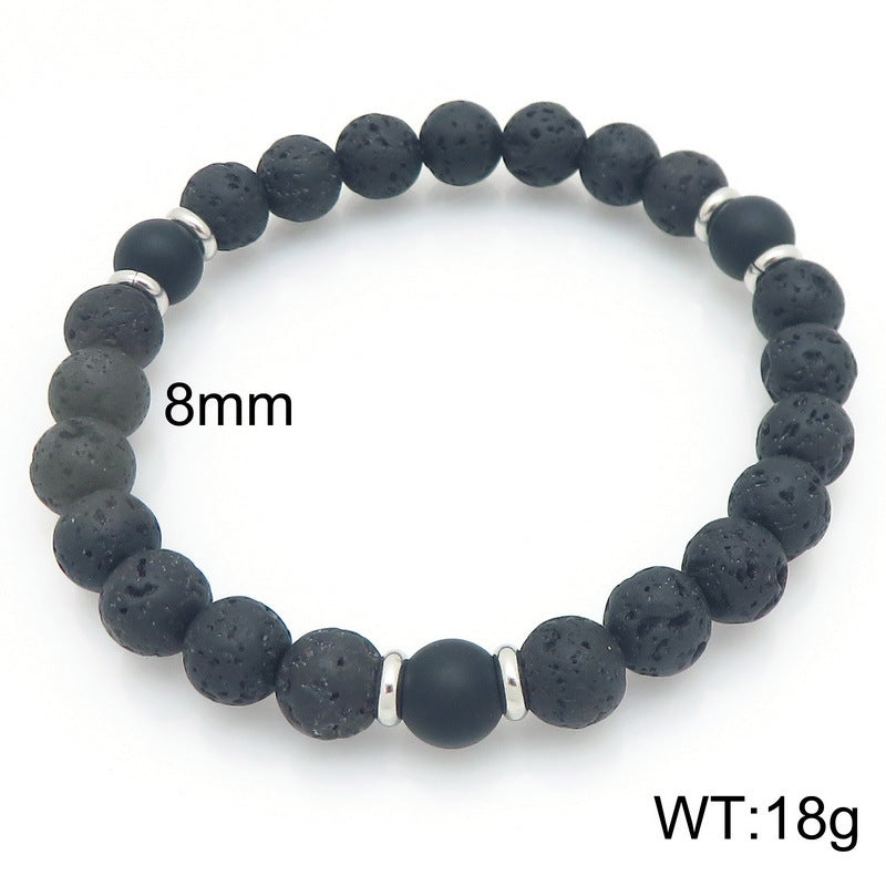 Stainless Steel Bracelet – Punk Volcanic Stone Frosted Black Agate Elastic Rope Handmade
