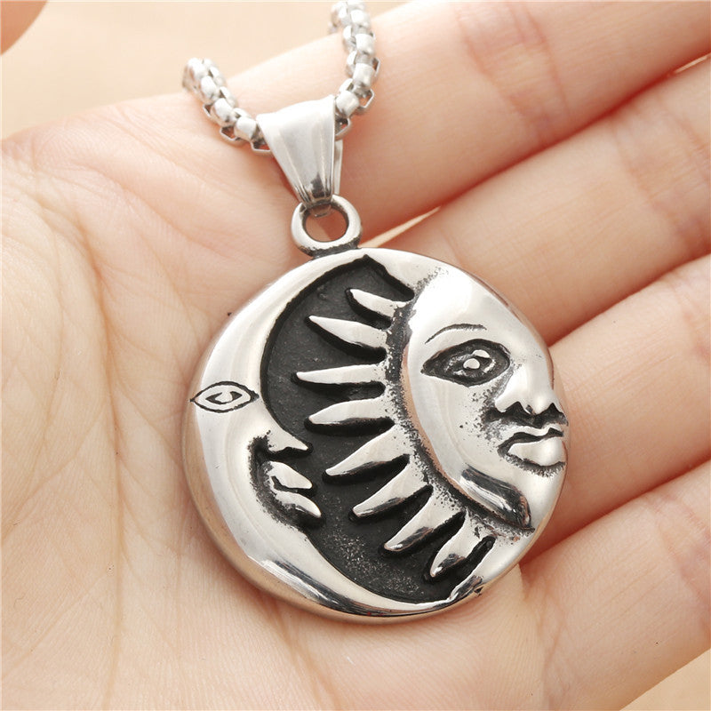 Titanium Steel Retro Sun and Moon God Pendant Necklace for Men - Punk Style Stainless Steel Jewelry