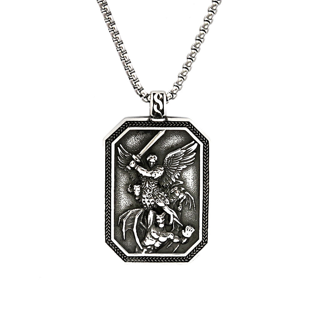 Titanium Steel Men's Retro Angel Guardian Pendant Necklace