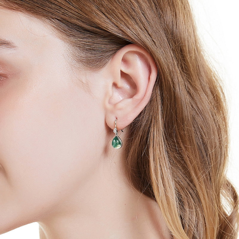 S925 Sterling Silver Moss Agate Teardrop Drop Earrings