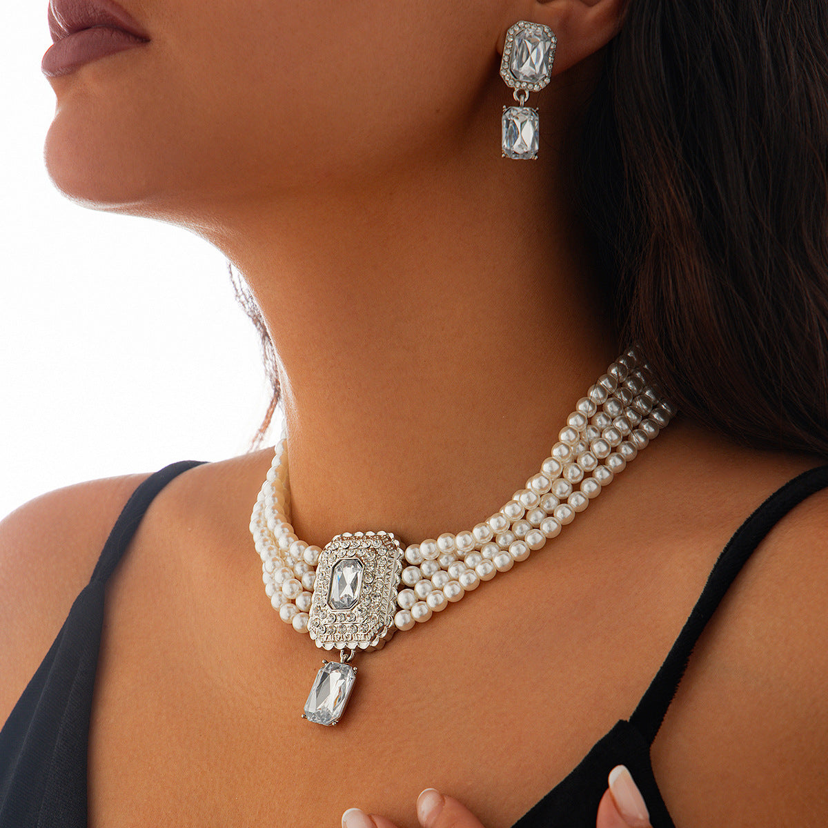 Square Crystal & Pearl-Style Layered Choker