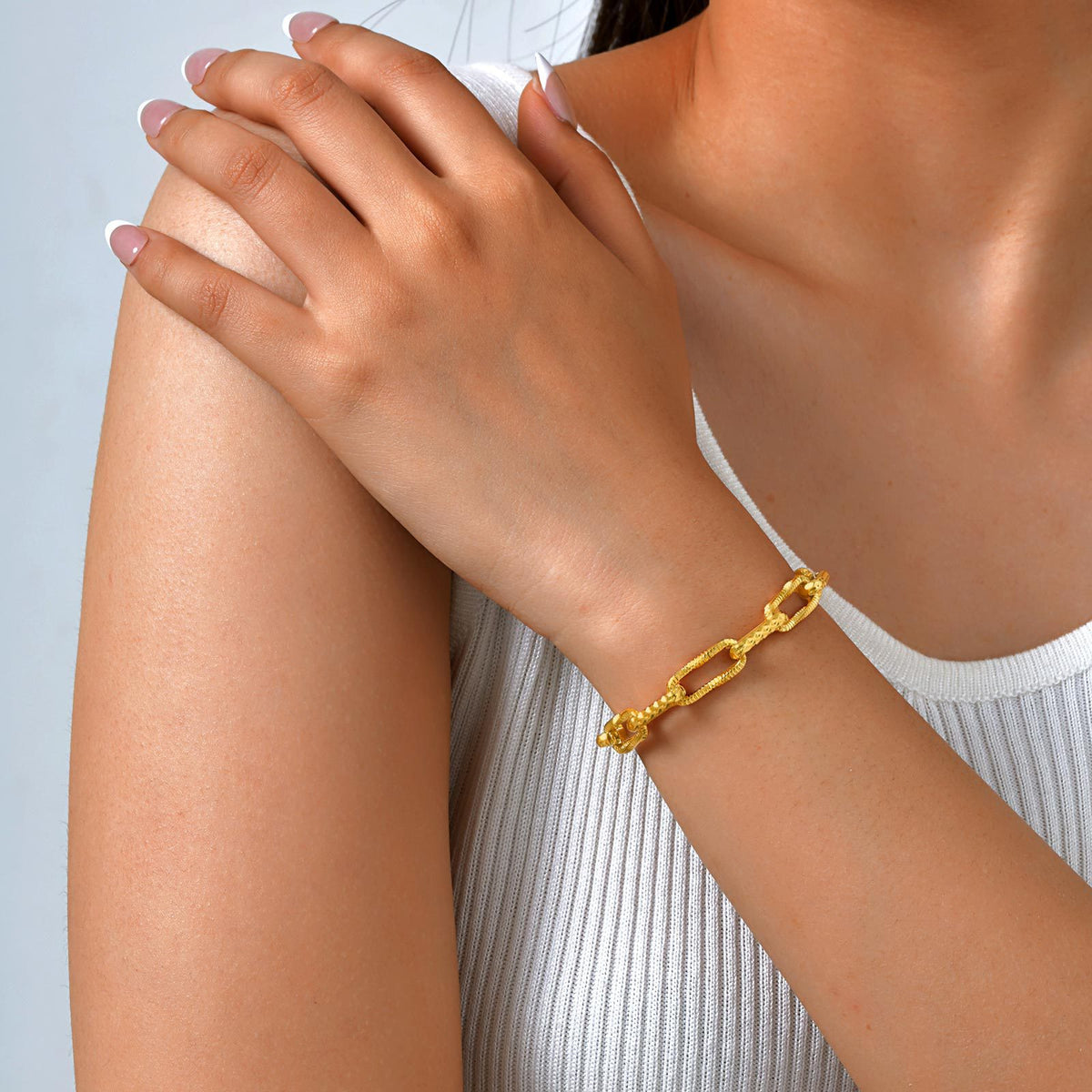 Women's Stainless Steel Embossed Rectangular Handmade Chain Bracelet Necklace Gold