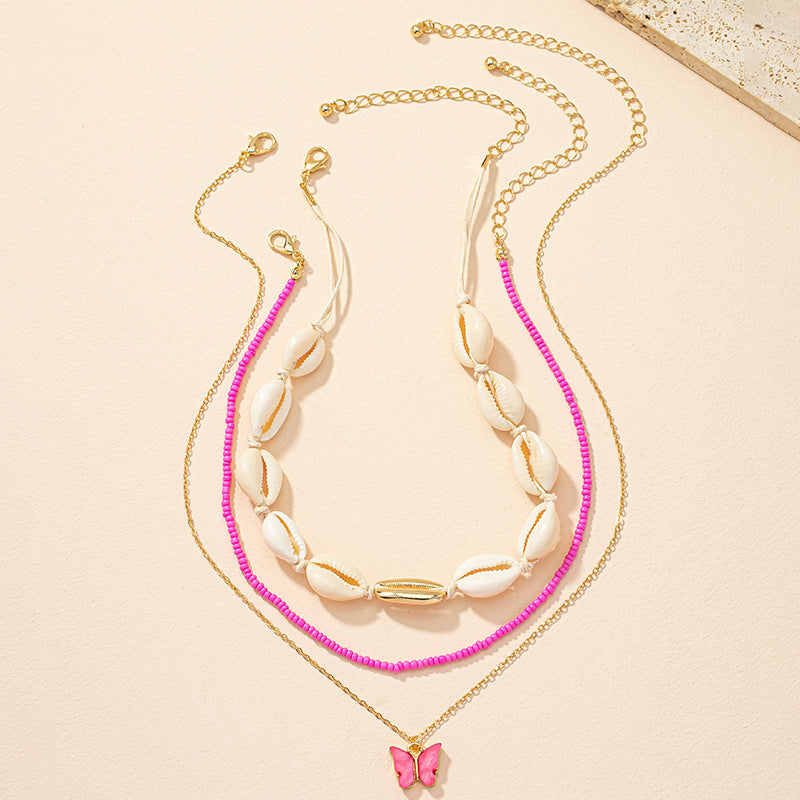 Butterfly Shell Bead Necklace Set with Multi-Layer Pendant - Wholesale Luxe Jewelry