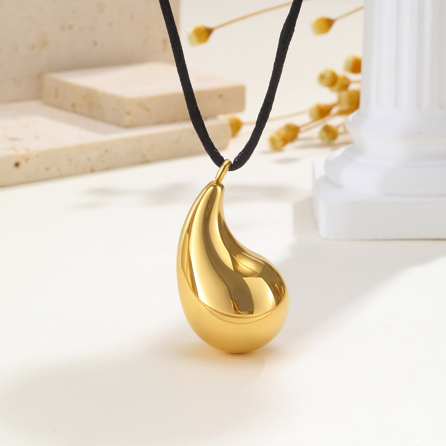 Stainless Steel Hollow Water Drop Heart Pendant Braided Rope Adjustable Necklace