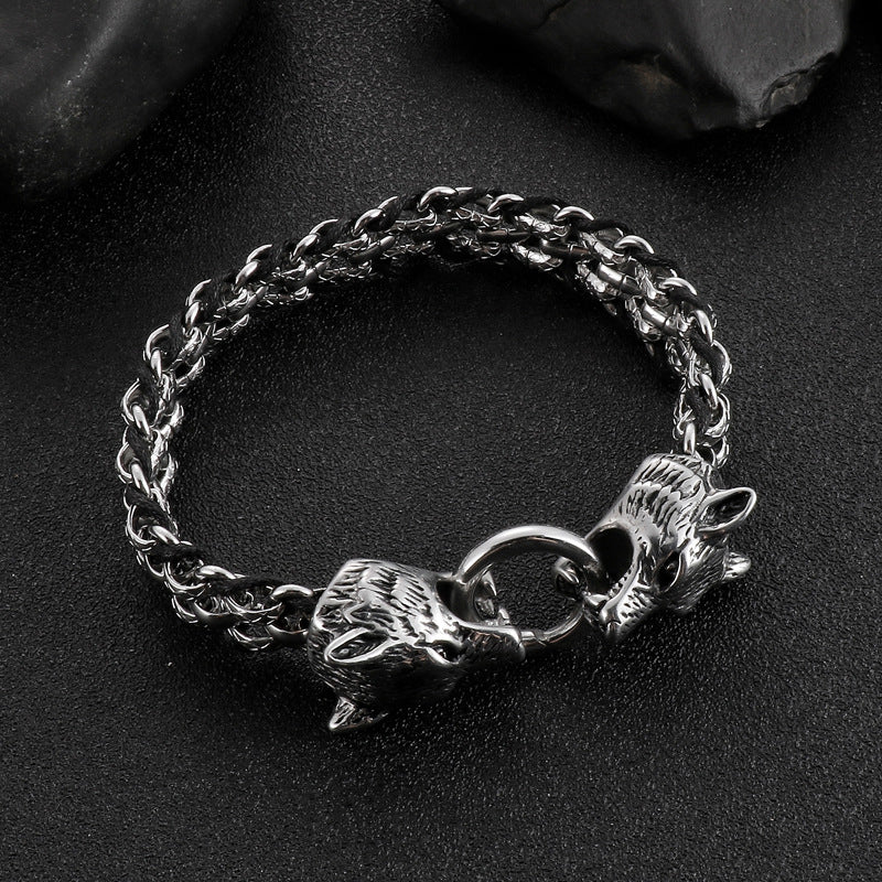 Street Style Leather Cord Bracelet – Woven Diamond Pattern Double