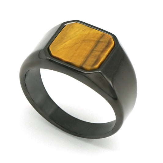 Planderful Everyday Genie Titanium Steel Black Ring With Natural Stone For Men And Unisex Statement Jewelry