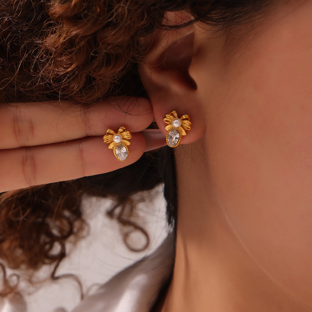 Elegant Lace Bow Stud Earrings with Zircon Detail