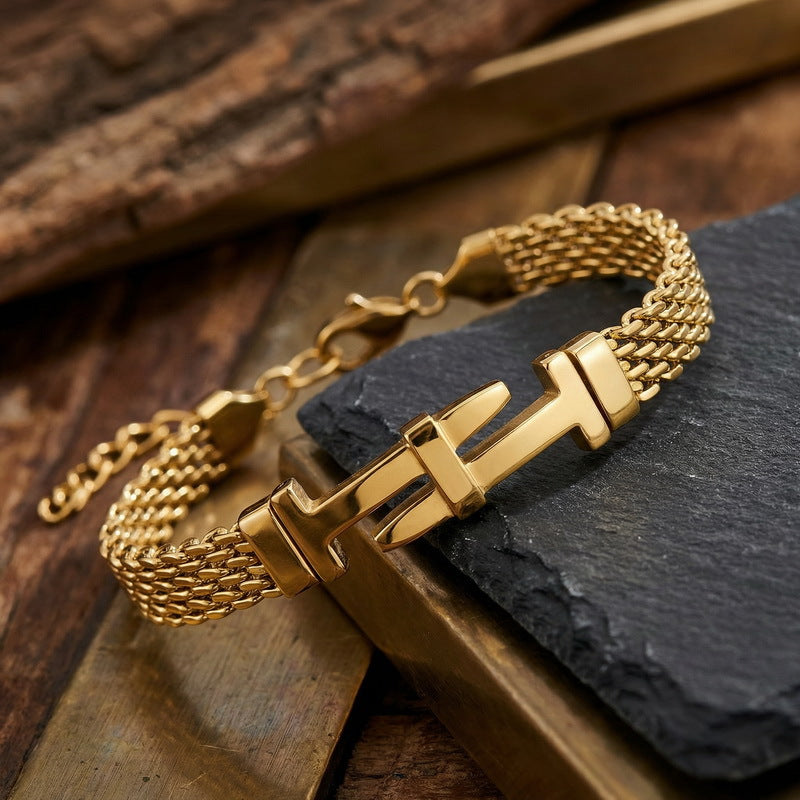 Style Buckle With Extension Chain Bracelet – Cross Curved Bar Mesh Chain Stainless Steel