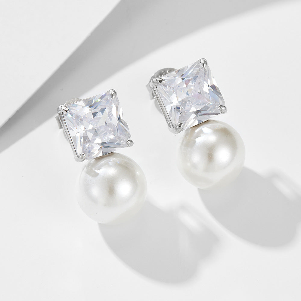 Round Pearl Pendant Princess Cut Zircon Sterling Silver Drop Earrings