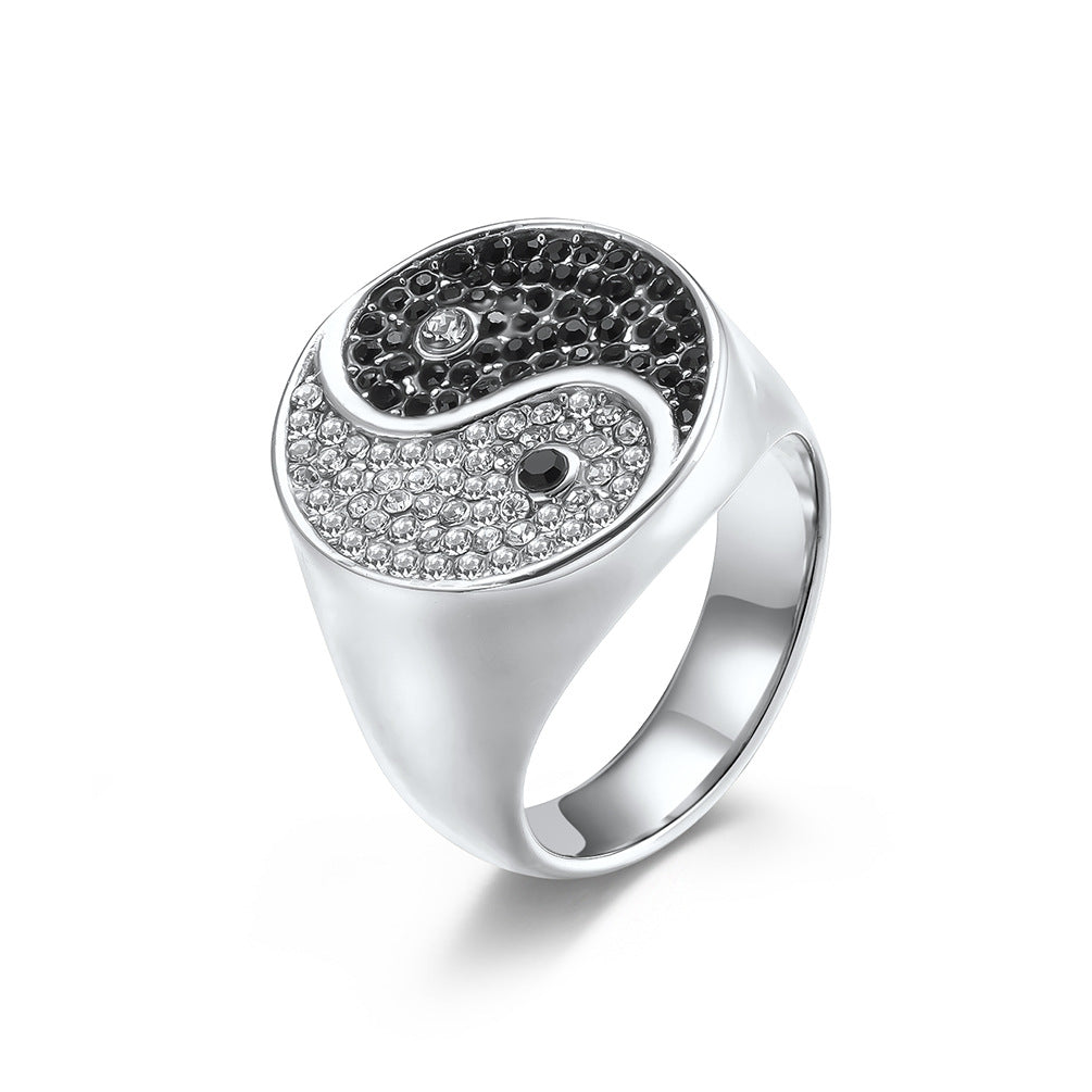Planderful Tai Chi Ring For Men Stainless Steel With Black And White Zircon Inlay Retro European American Style