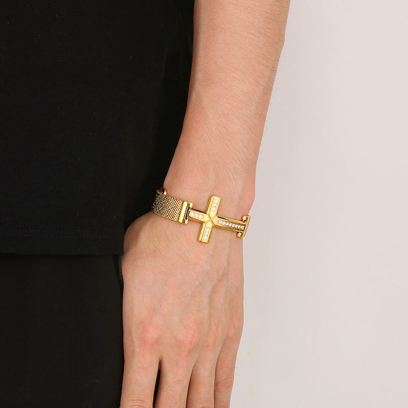 Planderful Men Titanium Steel Bracelet Zircon Cross Hip Hop