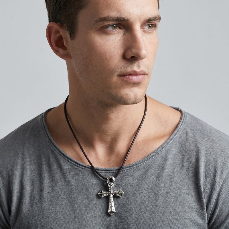 Cross Flower Pendant, Punk Style Goth Smear Skull Cross Stainless Steel Men's Pendant Necklace