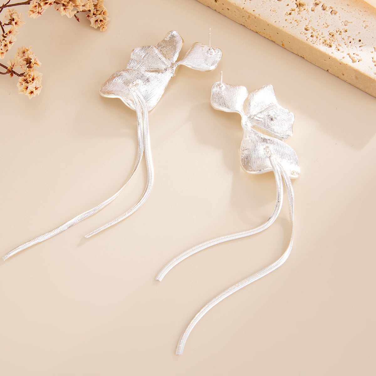 Planderful Vienna Verve Petal Stud Earrings For Women With Long Fringe Snake Bone Chain Statement Jewelry
