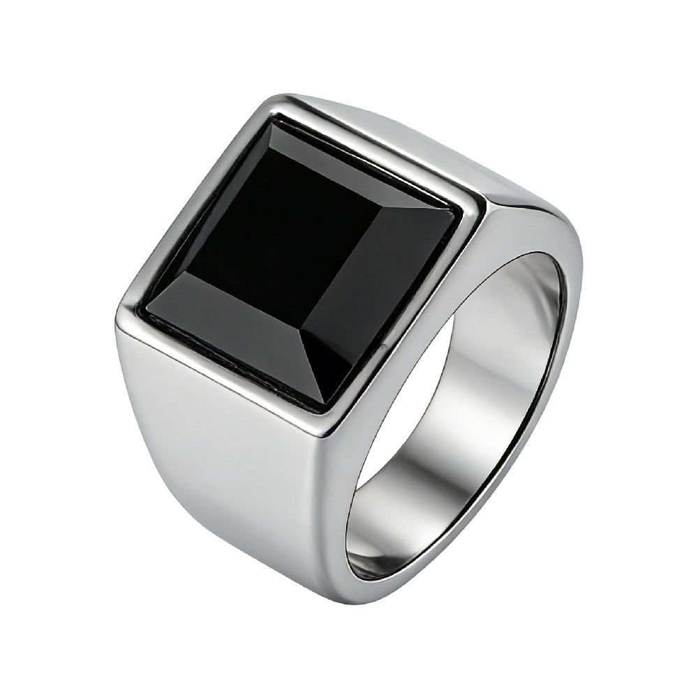 Planderful Titanium Steel Ring For Men Unisex Square Black Glass Modern Statement Jewelry
