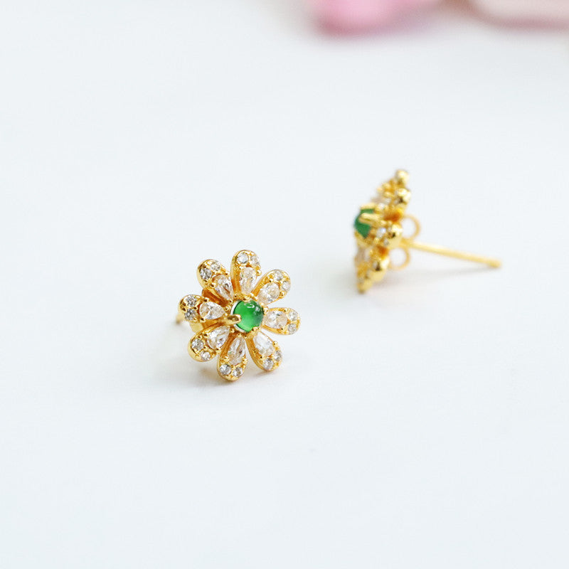Icy Green Jadeite Eight-Petal Flower Stud Earrings