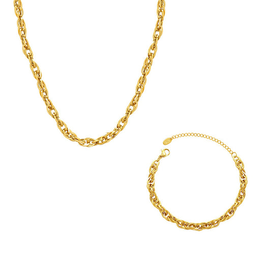 Golden Stainless Steel Necklace Bracelet Set - Elegant Jewelry from Planderful Collection