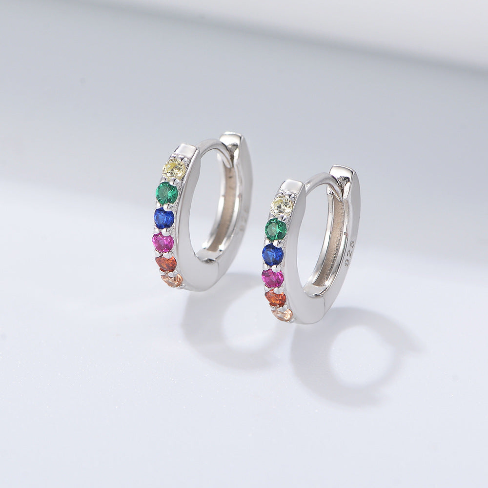 S925 Sterling Silver Round Micro-Inlaid Colored Zircon Ear Buckle Earrings