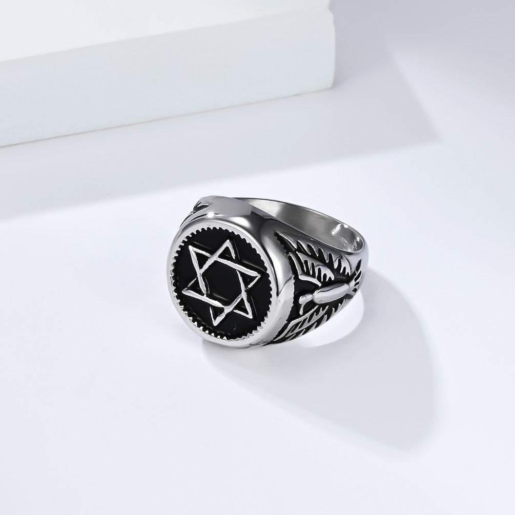 Planderful Stainless Steel Hexagram Eagle Head Ring For Men Retro Trendy Punk Jewelry